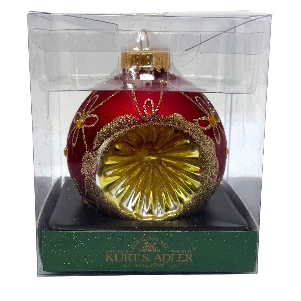 Kurt S. Adler Red Gold Glass Christmas Ornament Floral Glitter indent Reflector